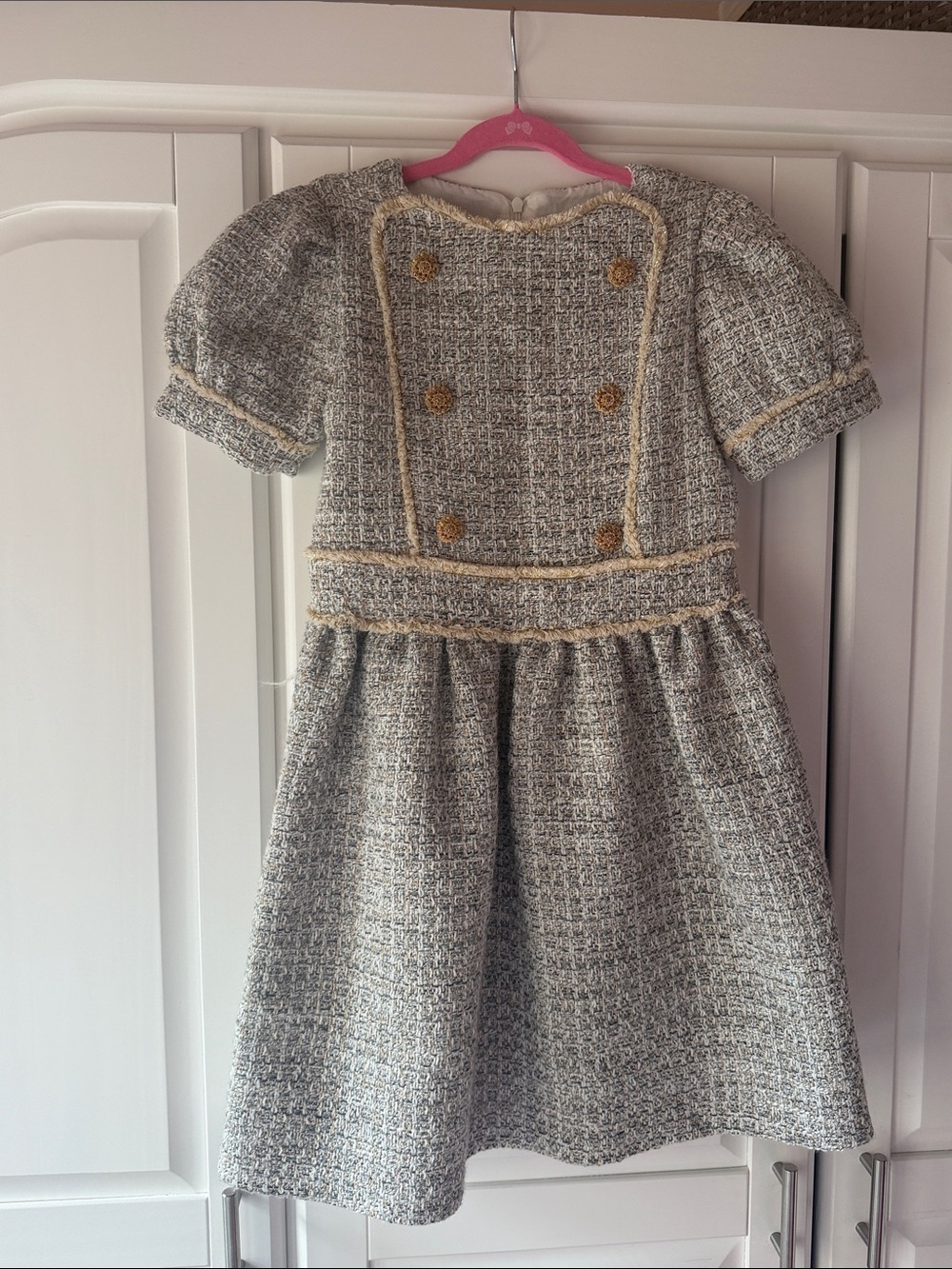 Patachou Tweed Puff-Sleeve Girls Dress in Gray with Gold Trim